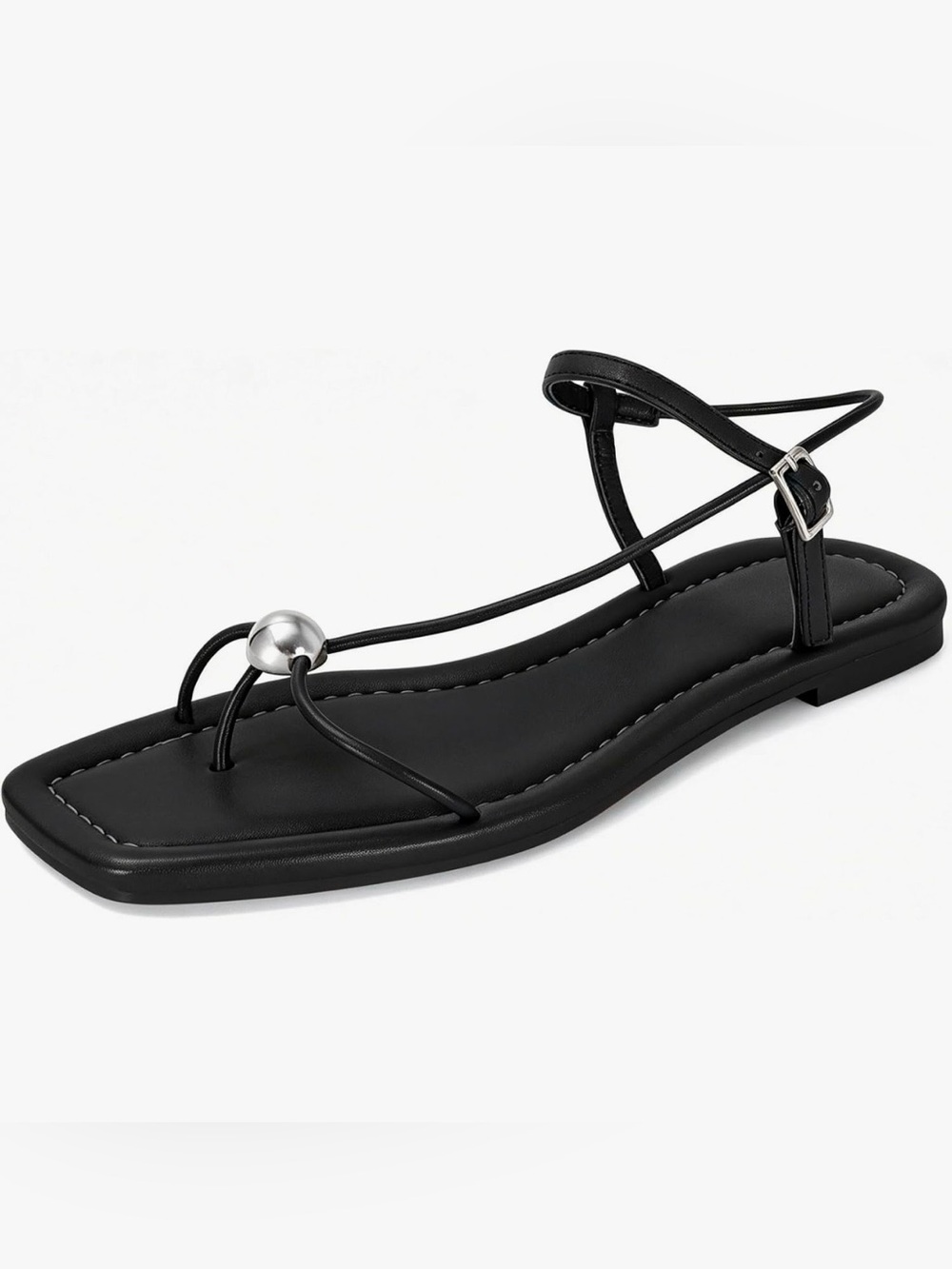 NWT Amazon Designer-Inspired Black Strappy Flat Sandals with Silver Ball Detail